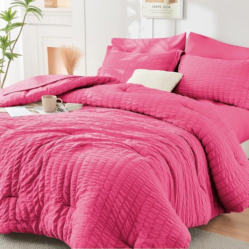 HYMOKEGE Twin Comforter Set - Hot Pink Seersucker 5-Piece Luxury Bedding Set | All-Season Comforter, Sheets & Pillowcase