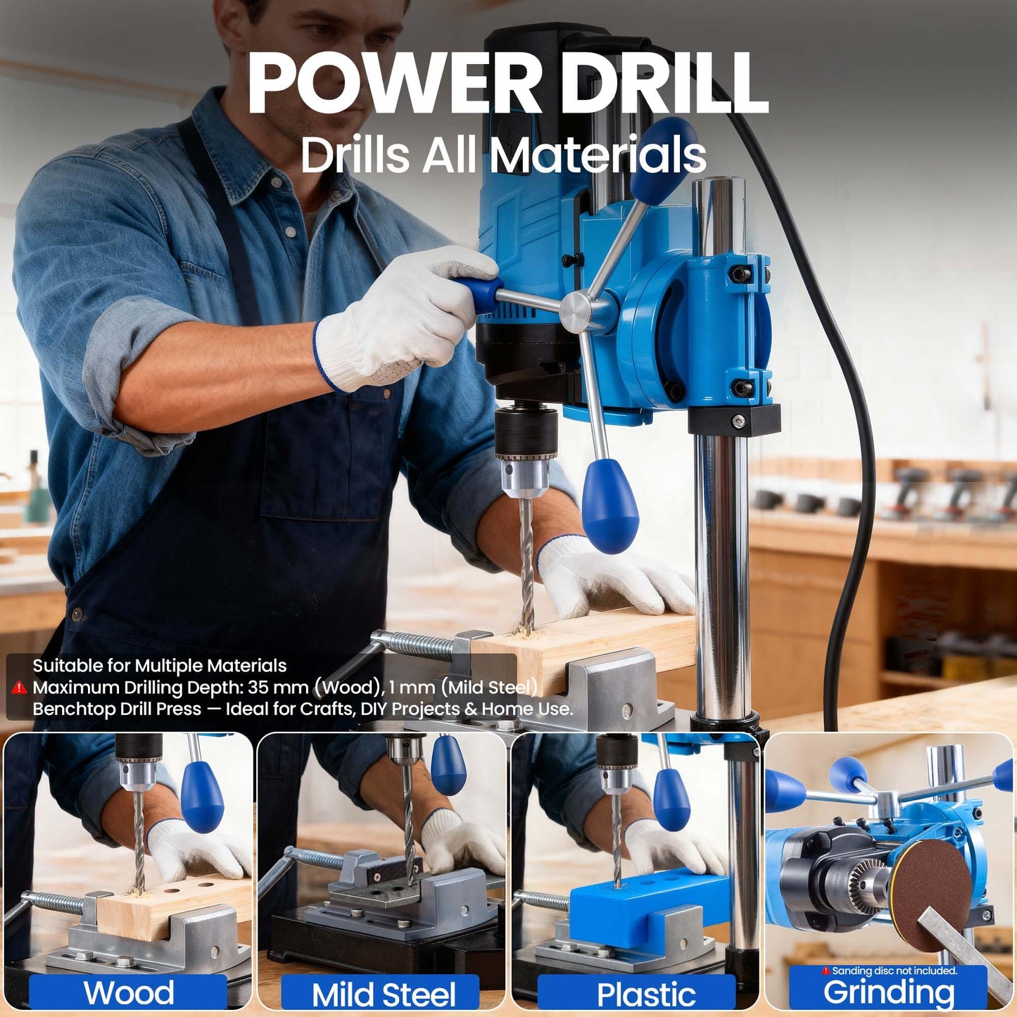 bellaDimora Mini Benchtop Drill Press — 1200W 6-Speed 2800rpm, 16-Piece Multi-Material Drill Bit Kit, 360° Rotation, 3.15 in Drilling Depth, Workshop Stand
