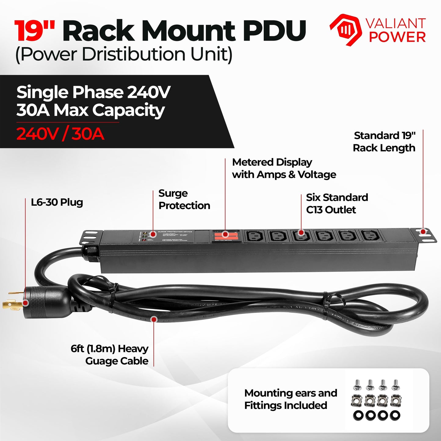 Valiant Power Rack Mount Power Strip - 240V 30A Single Phase PDU with Built-in Surge Protector, Volt & Amp Meter for Data Center - 19” Metal Housing, Ears & Fittings Included, 6’ Cable, 6 Outlets