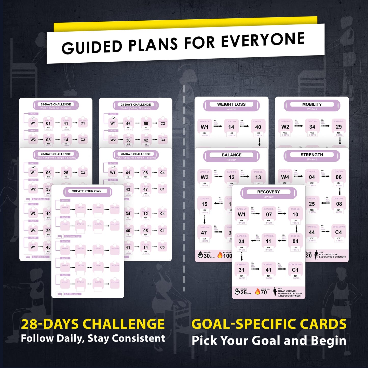 Flexies Chair Yoga Workout Cards – 58 Seated Exercise Cards for Beginners & Seniors | 28 Day Chair Workout Chart for Weight Loss, Strength, Flexibility & Balance