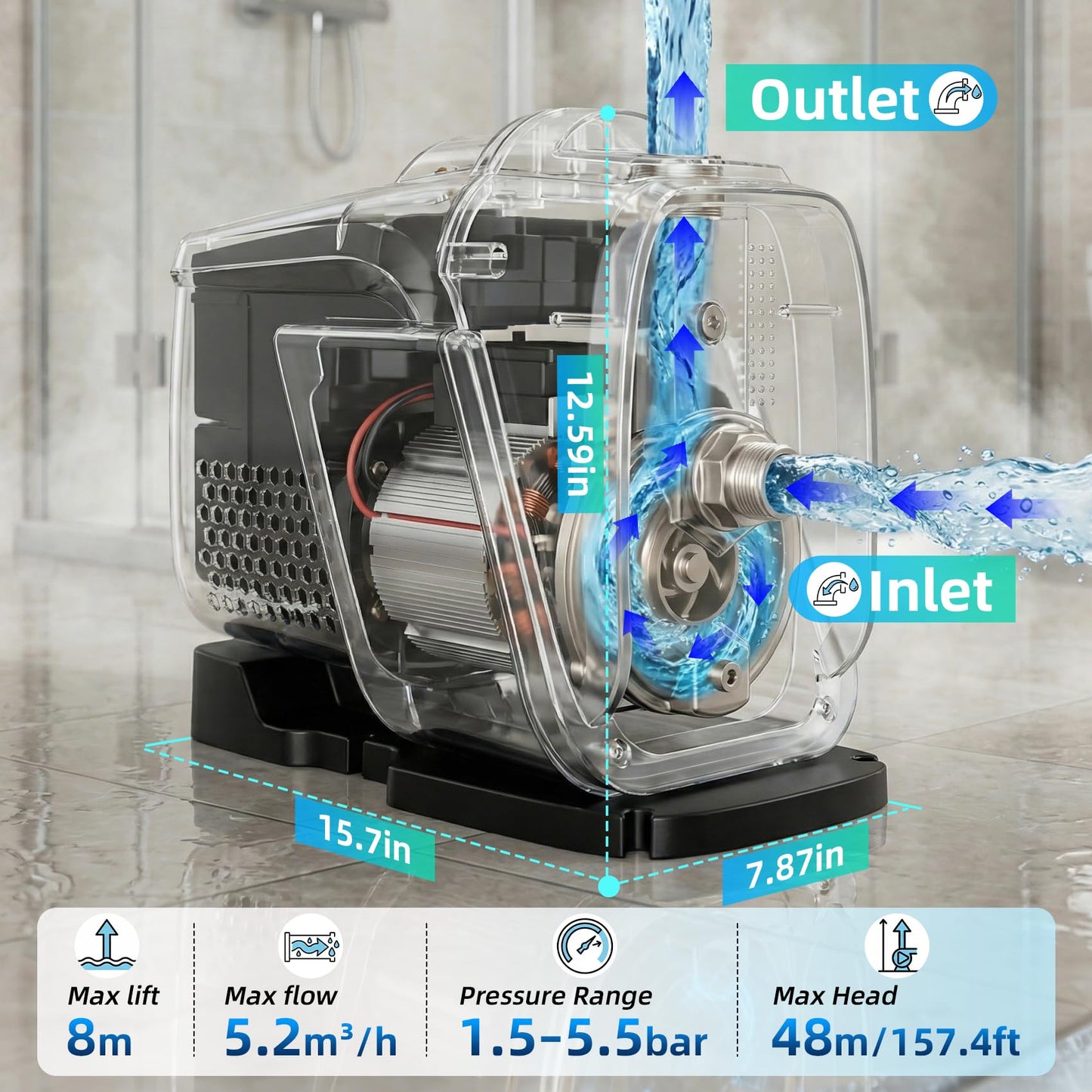 Water Pressure Booster Pump Whole House 80 PSI, 115V, 3/4 HP, Constant Water Booster Pump for Home, Shower, Garden, Apartment, Shallow Well