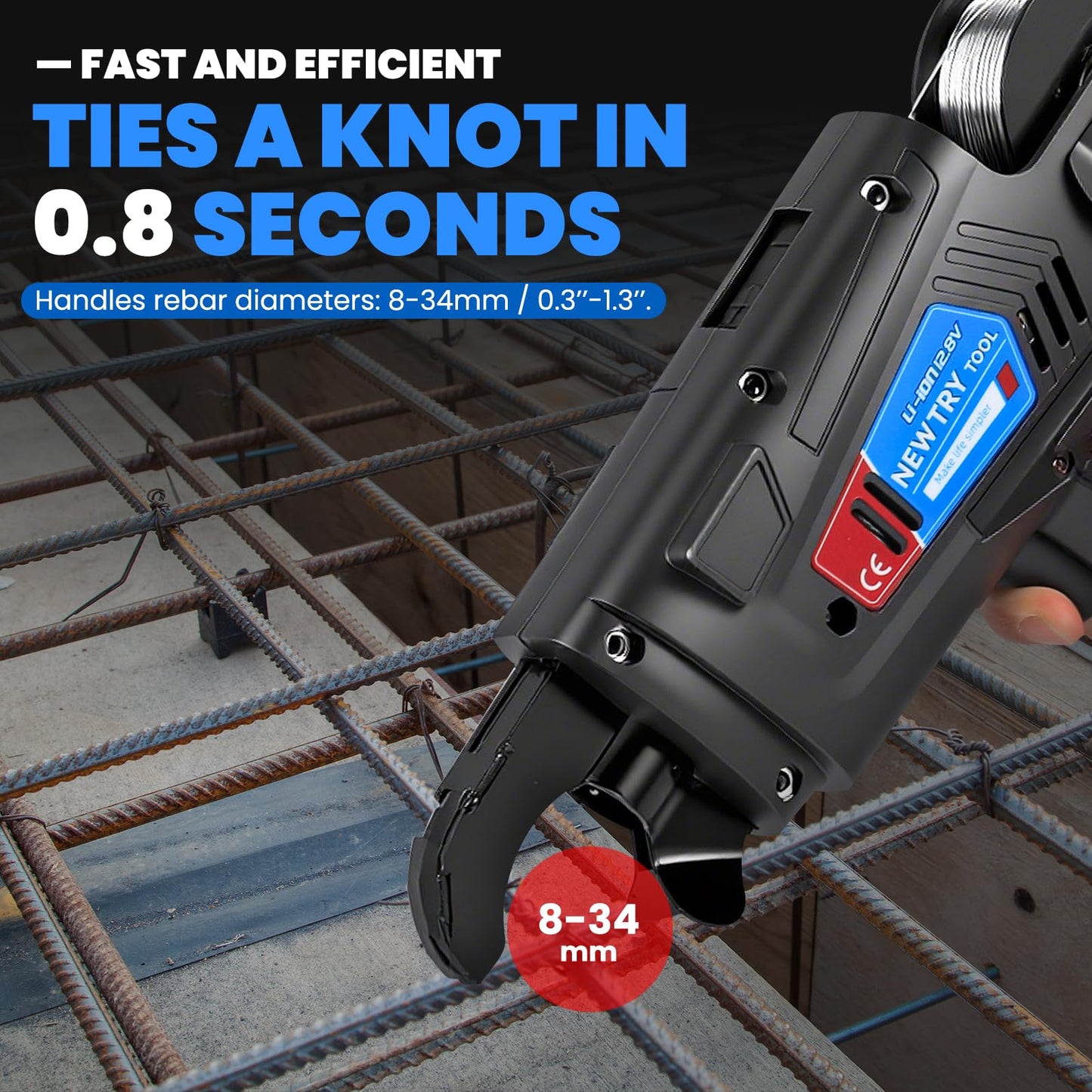 NEWTRY Rebar Tie Automatic Rebar Tier Gun 4400 MAh Steel Tying Machine 8-34mm Bar Tie Tool 0.31’’-1.33’’ Tightness Adjustable Rechargeable 12.8V
