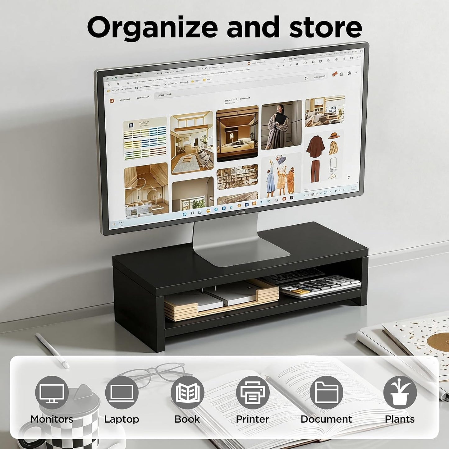 2-Tier 15.7 Inch Wooden Monitor Stand Riser, Desk Shelf with Storage Organizer, Ergonomic Computer Stand, Storage