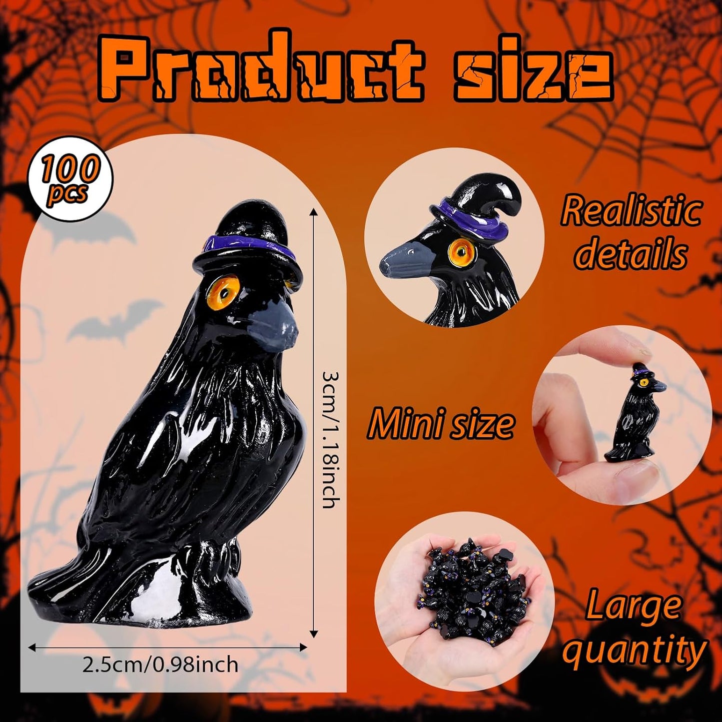 Skiennix Mini Resin Crows - 100 Pcs Black Raven Figurines for Halloween Decor & DIY Crafts