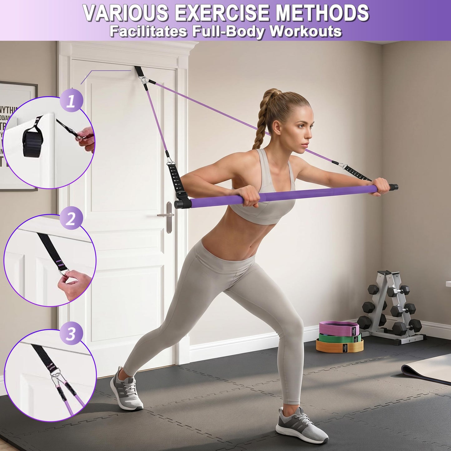 Goocrun Pilates Bar Kit with Resistance Bands for Men and Women - 3 Set Exercise Resistance Bands - Portable Multifunctional Home Gym - Supports Full-Body Workouts – with Fitness Poster and Video