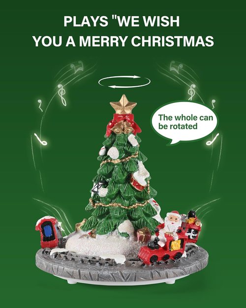 iStatue Rotating Musical Christmas Tree Figurine - 6” Tall Resin Holiday Decoration with Santa Train, Plays “Merry Christmas”