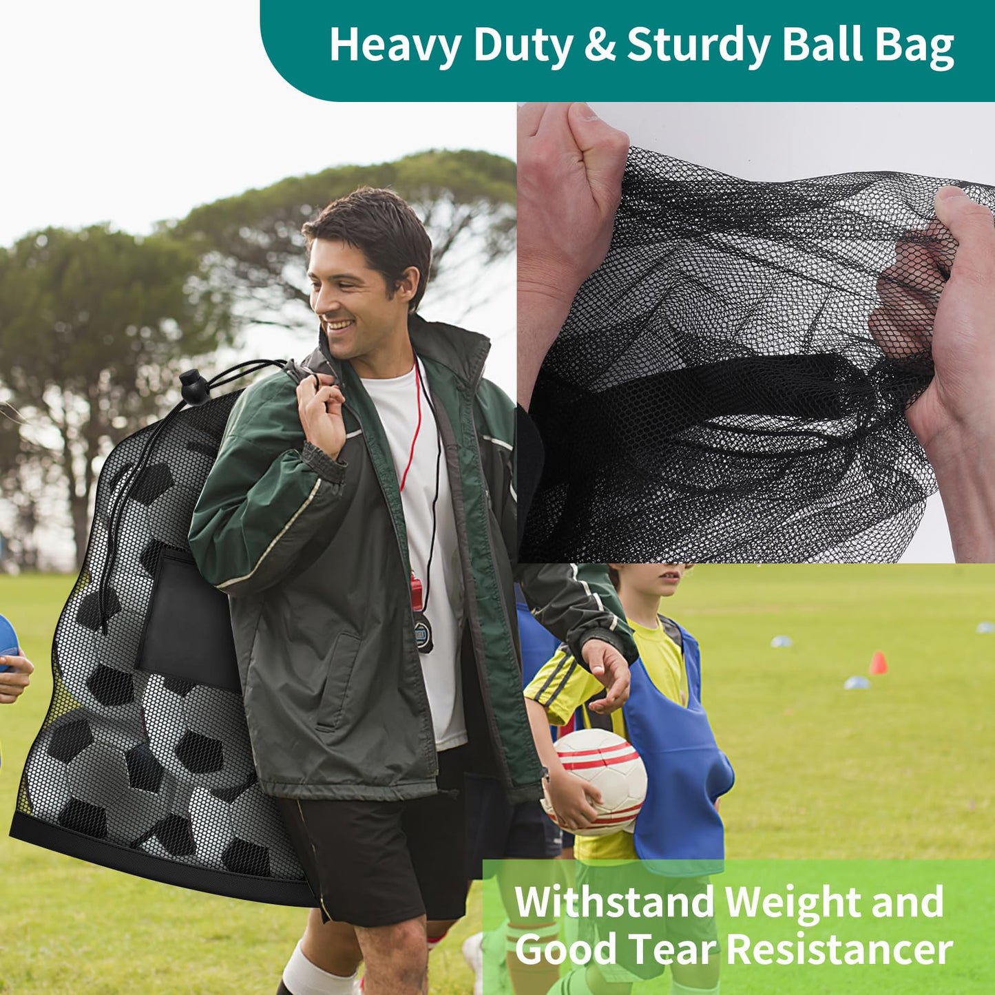 Hoiny Extra Large Soccer Ball Bag, 40" x 30" Drawstring Mesh Ball Bag with Pocket, Heavy Duty Sport Net Sack for Coaches, Storage Bag for Basketball, Volleyball, Gym Equipment, Swimming Gear (1)