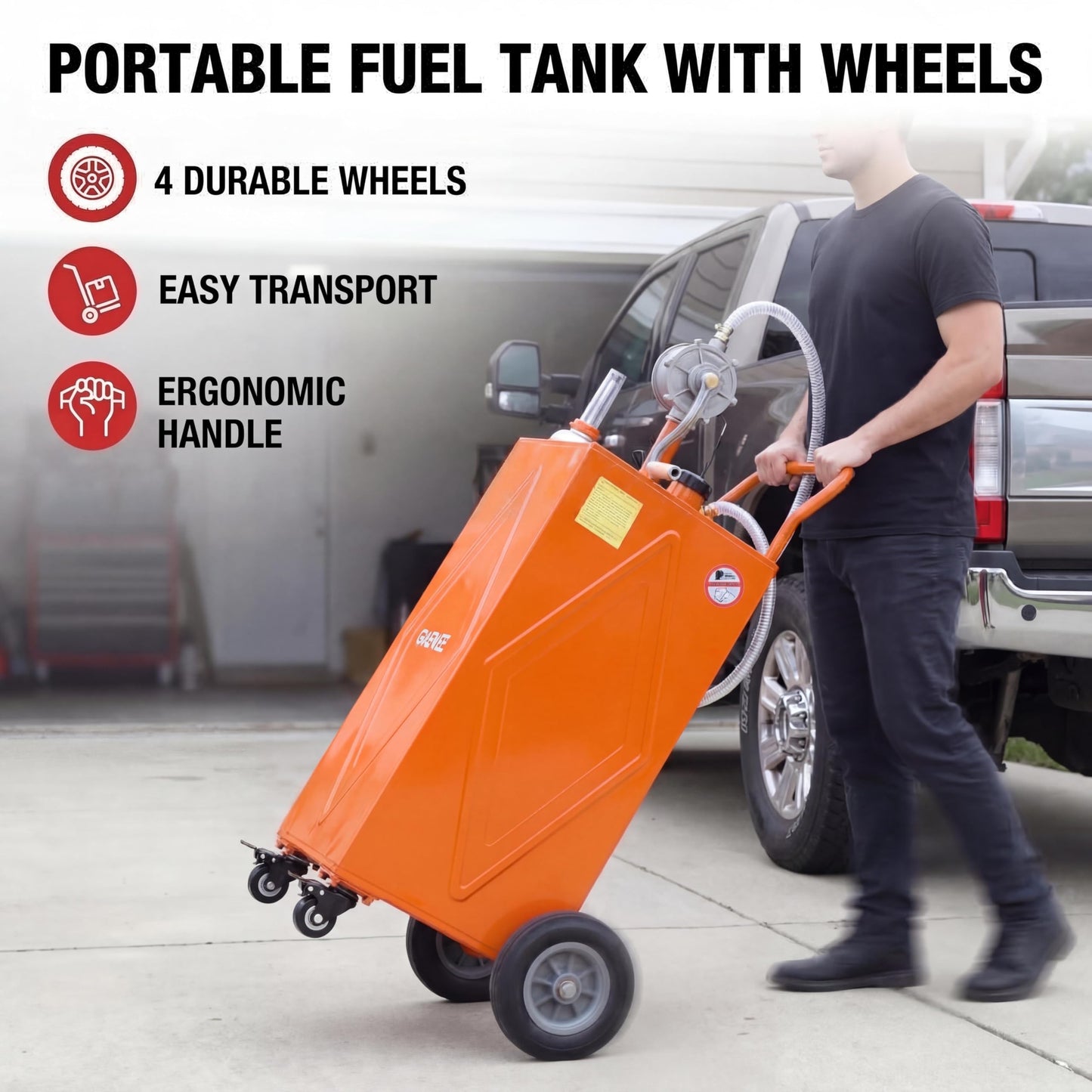 Patikuin 30 Gallon Heavy-Duty Steel Fuel Caddy with Manual Rotary Pump – Portable Gasoline & Fuel Transfer Tank – Reinforced 4-Wheel Design for Trucks, Boats, ATVs, Lawn Mowers, Farm Equipment – Reinforced 4-wheel design - Orange