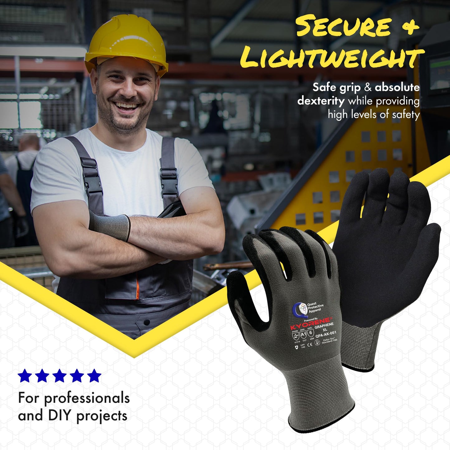 Quest Protective Apparel Cut Resistant Work Gloves (ANSI A1) – Lightweight Graphene Gloves for Gardening,DIY,Mechanical & General Handling – Breathable Grip Gloves for Men & Women – X-Large,Case of 72