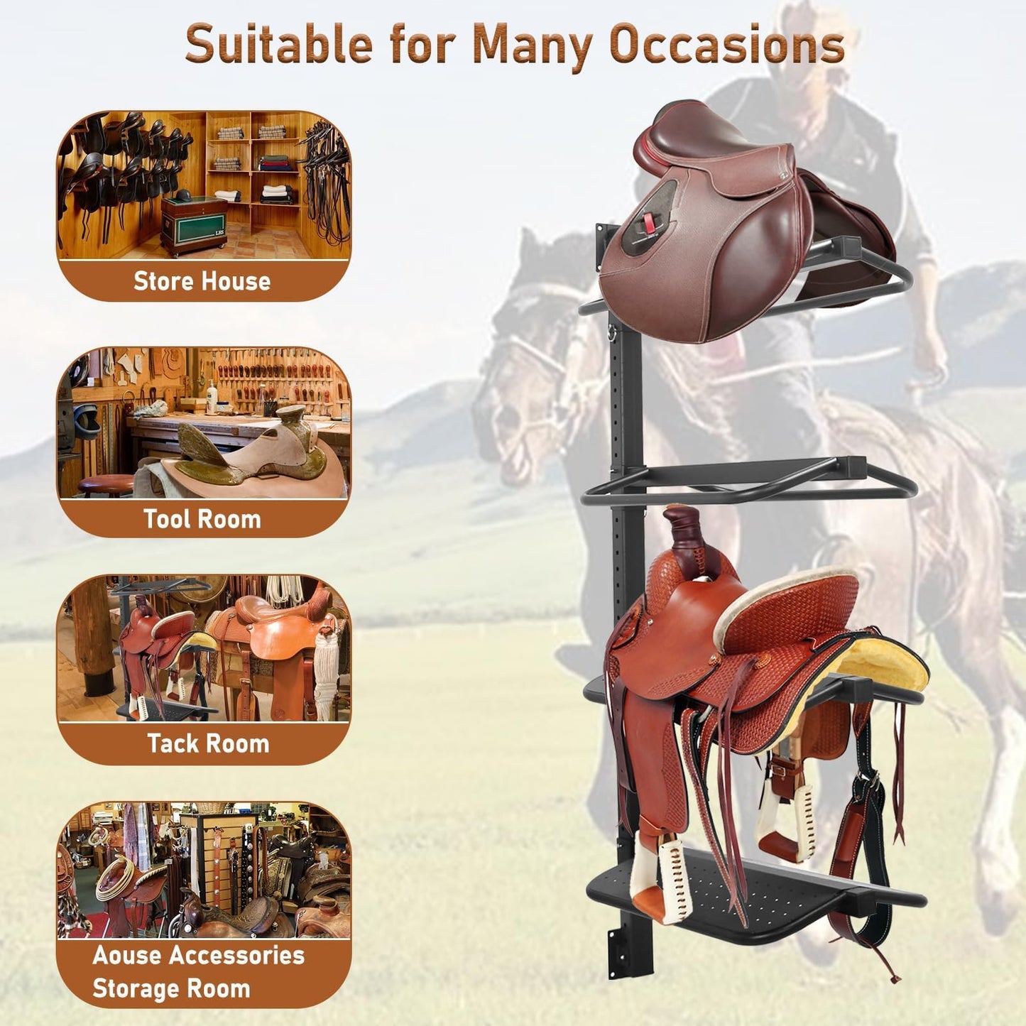 Sidasu 4 Tier Saddle Rack Wall Mount,Heavy Duty Horse Tack Storage for Western and English Saddles - Supports to 250LB, Holds Tack, Pad, Accessories etc for Horses