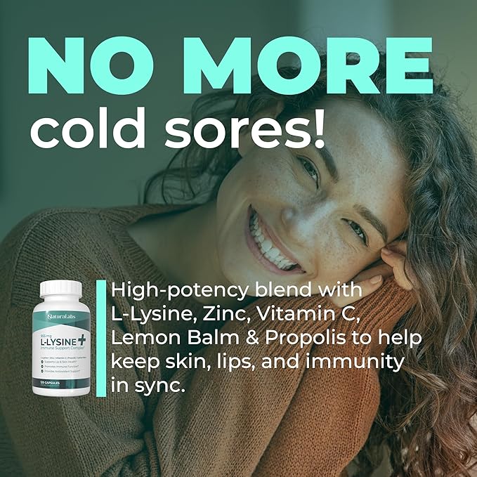 L-Lysine + Cold Sore Immune Support Supplement – with Vitamin C, Zinc, Bee Propolis, Lemon Balm & 9-in-1 Herbal Complex – Promotes Lip & Skin Health – Antioxidant Immune Formula – 120 Ct