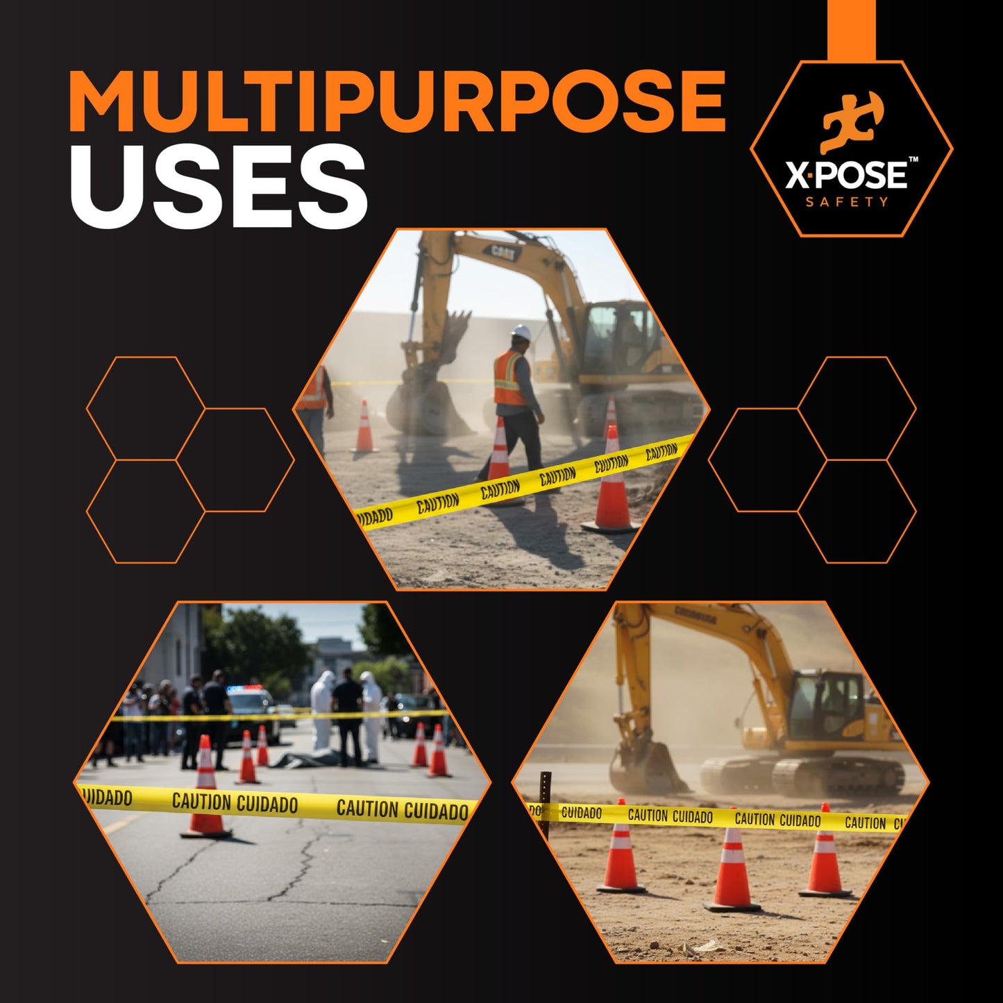 Xpose Safety Yellow Caution/Cuidado Tape – Bulk (24 Rolls) – 3" x 1000' High-Visibility Barricade Tape for Construction Sites, Hazards, Crime Scenes & Halloween Decorations