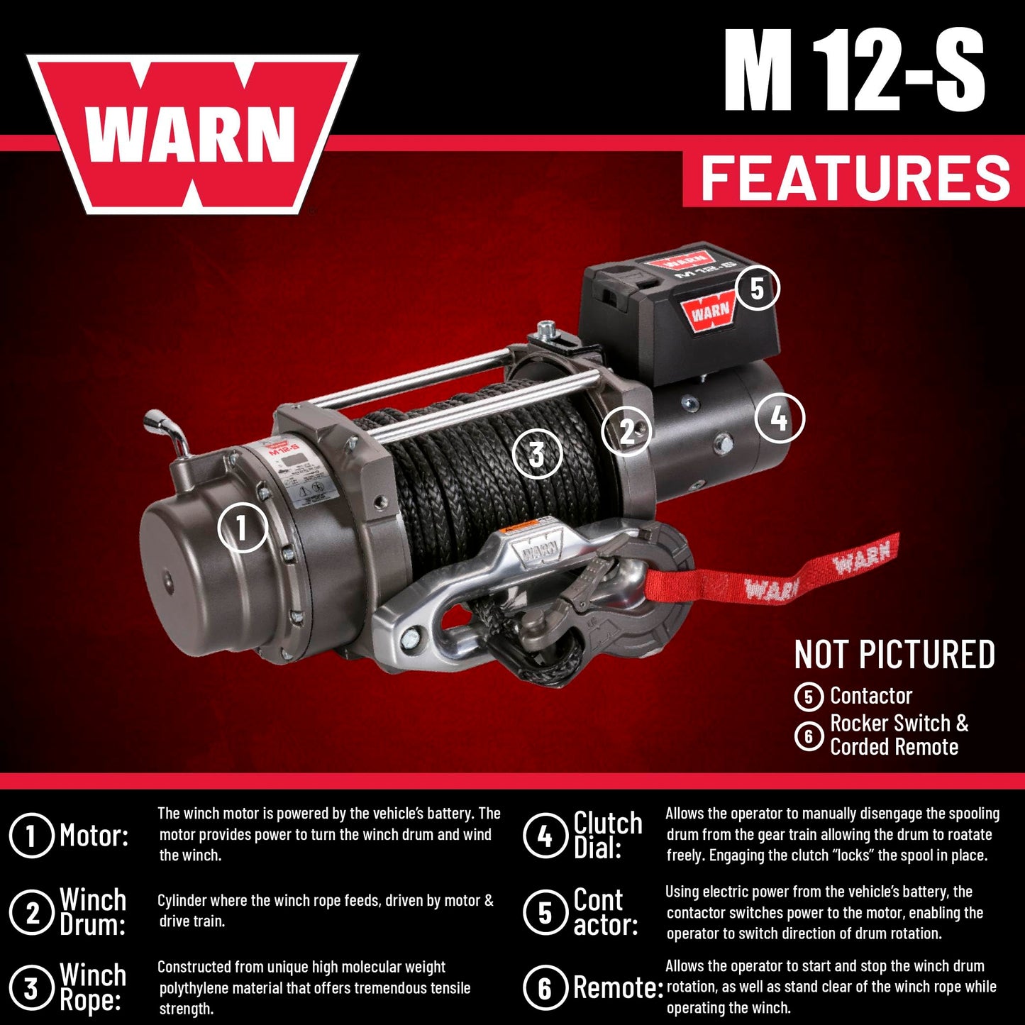 WARN M12-S Electric 12V Heavyweight Winch – 12,000 lb Pulling Capacity, Synthetic Rope, Sealed Motor, IP68 Waterproof, All-Metal Gear Train for Off-Road Recovery & Industrial Use