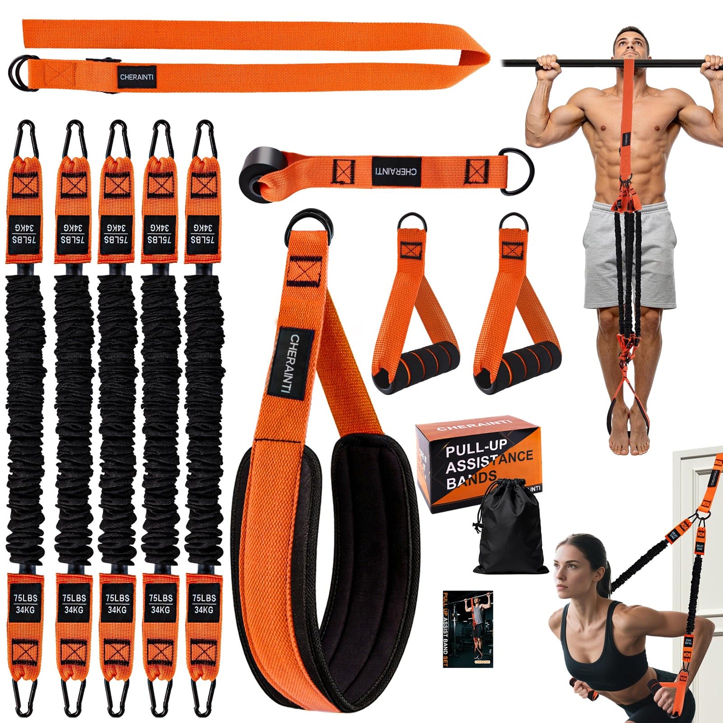 CHERAINTI Pull Up Assistance Bands, 375lbs Heavy Duty Pullup Assist Band Set with 5 Resistance Bands, Adjustable Strap, Comfortable Foot/Knee Rest, Handles & Door Anchor for Home Gym Strength Training