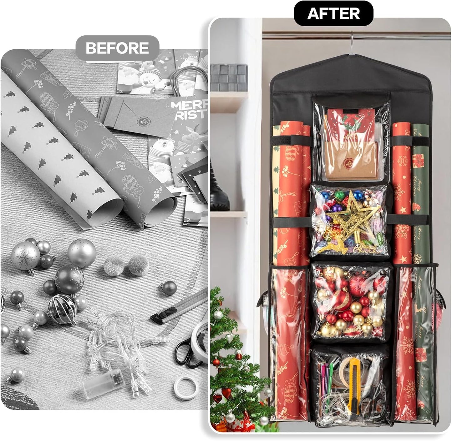 Regine Switzerland Christmas Wrapping Paper Organizer - Double-Sided Gift Bag Storage, Black