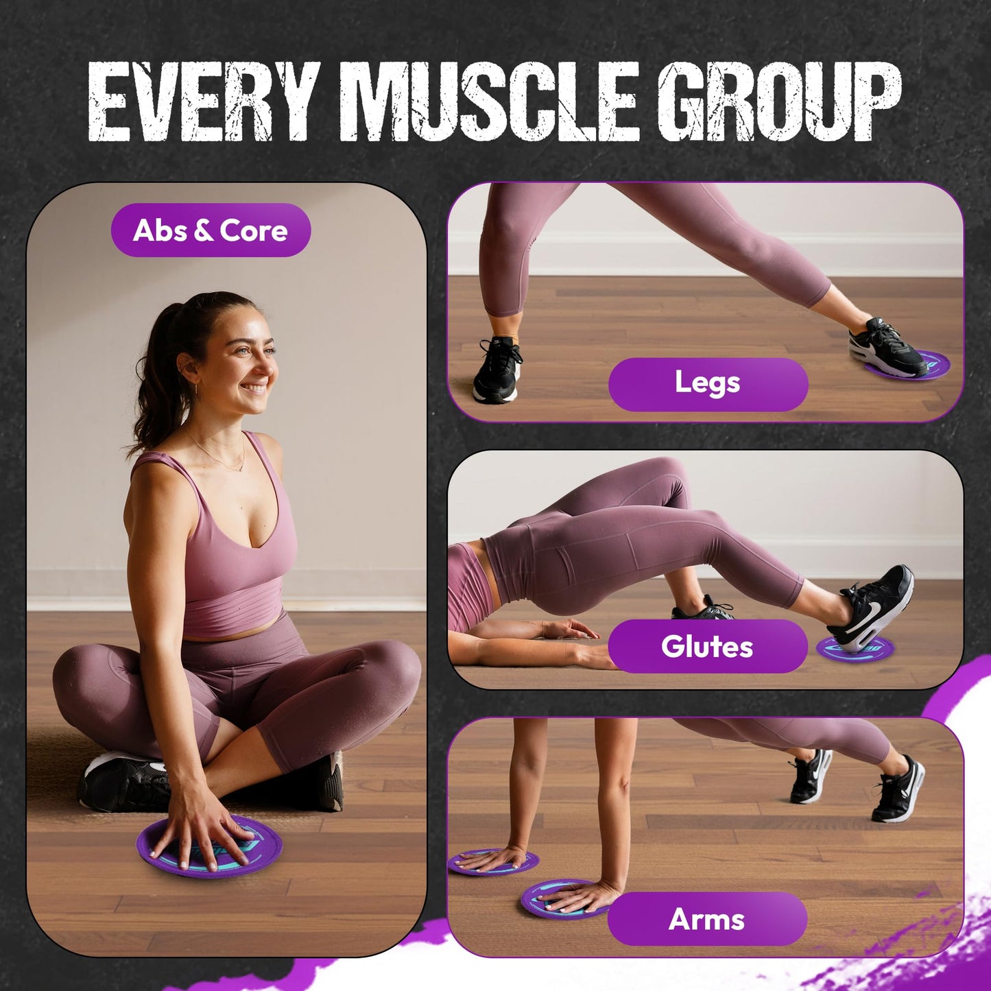 Gliding Discs for Working Out - Exercise Sliders for Hardwood Floors 1 Pair Purple, Authentic Workout Sliders Disc for Full Body Resistance Workout, Includes 4 Streaming Video Workouts