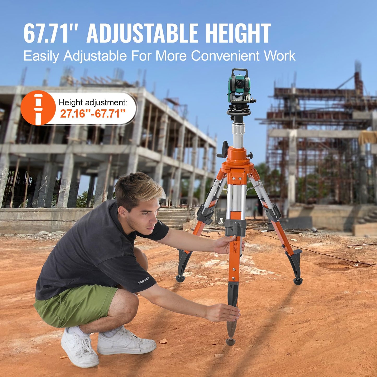 VEVOR Laser Level Tripod Stand, 5/8"-11 Thread Mount, 27.16-67.71 inch Height Adjustment Heavy Duty Survey Tripod, with Level Bubble & Diffusion Limiter, Liftable Non-Skid Feet for Construction