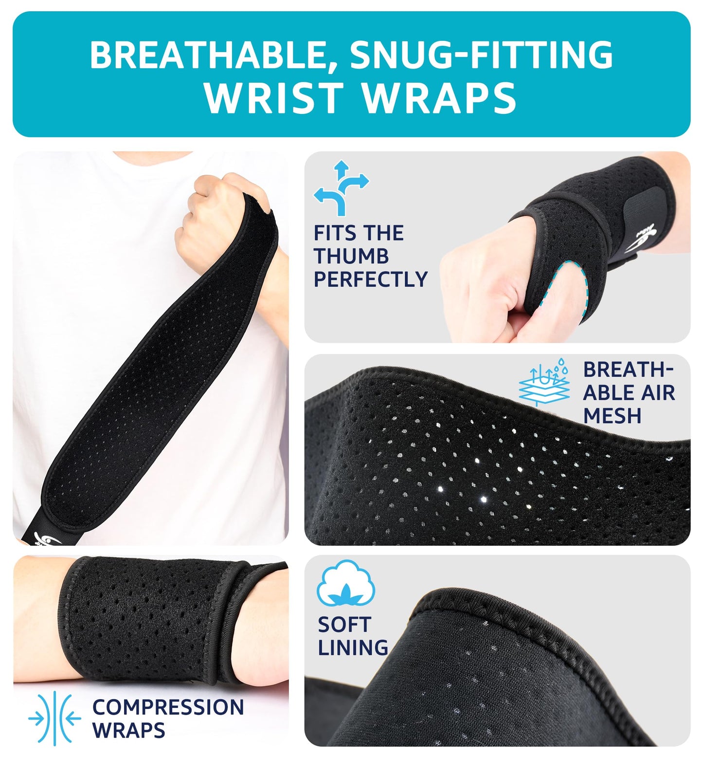 HiRui Breathable Wrist Brace (2 Pack) for Relieve Wrist Pain from Carpal Tunnel, Arthritis, Tendonitis, Sprain, TFCC | Adjustable Wrist Wraps Support for Weightlifting, Tennis - Fits All (Black)