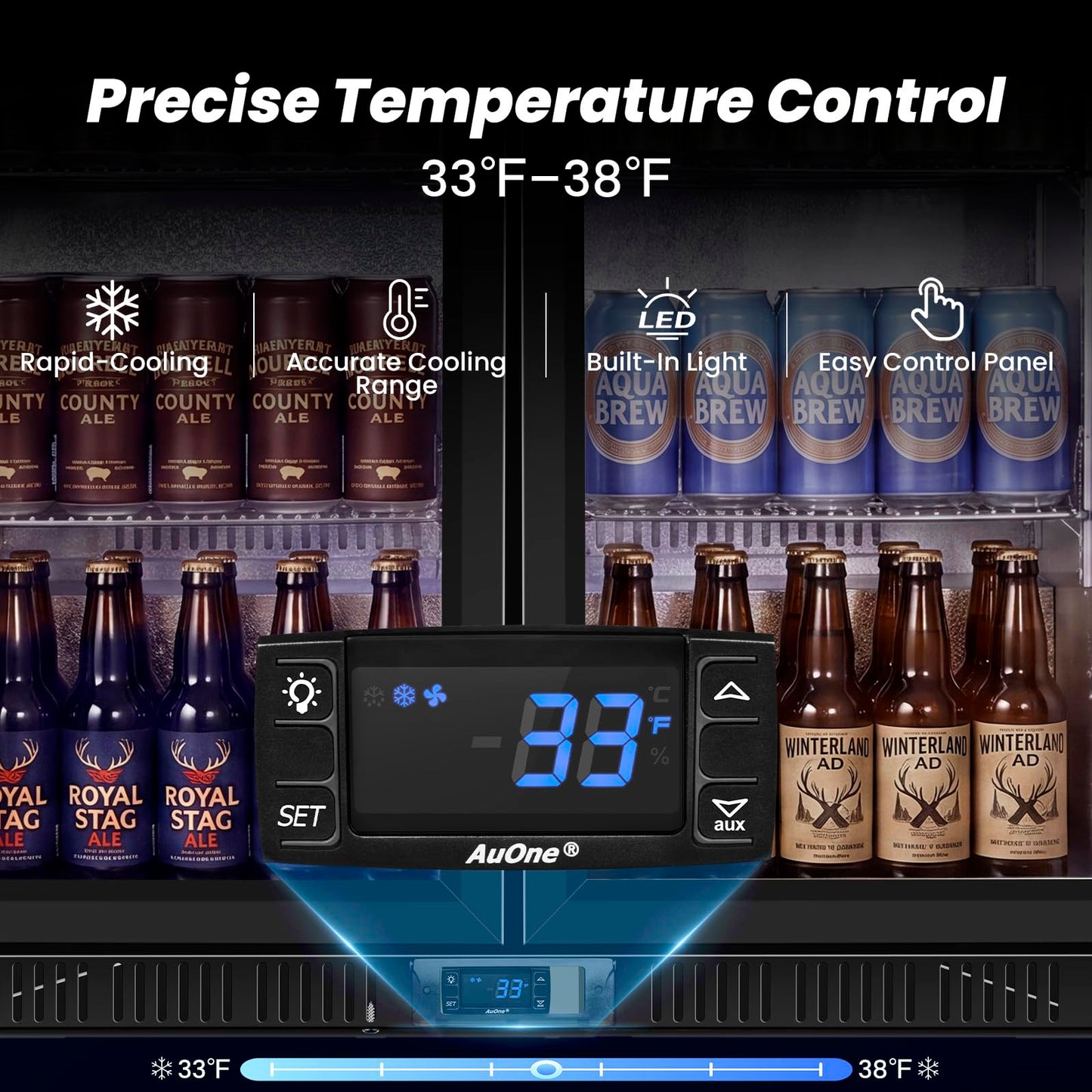 35.42" W Commercial Under Counter Beverage Refrigerator, 2 Glass Door Back Bar Cooler, Built-in/Freestanding 7.4Cuft Drink Fridge with LED Light, Auto Defrost, Low-E Glass & Safety Lock, Rebound door