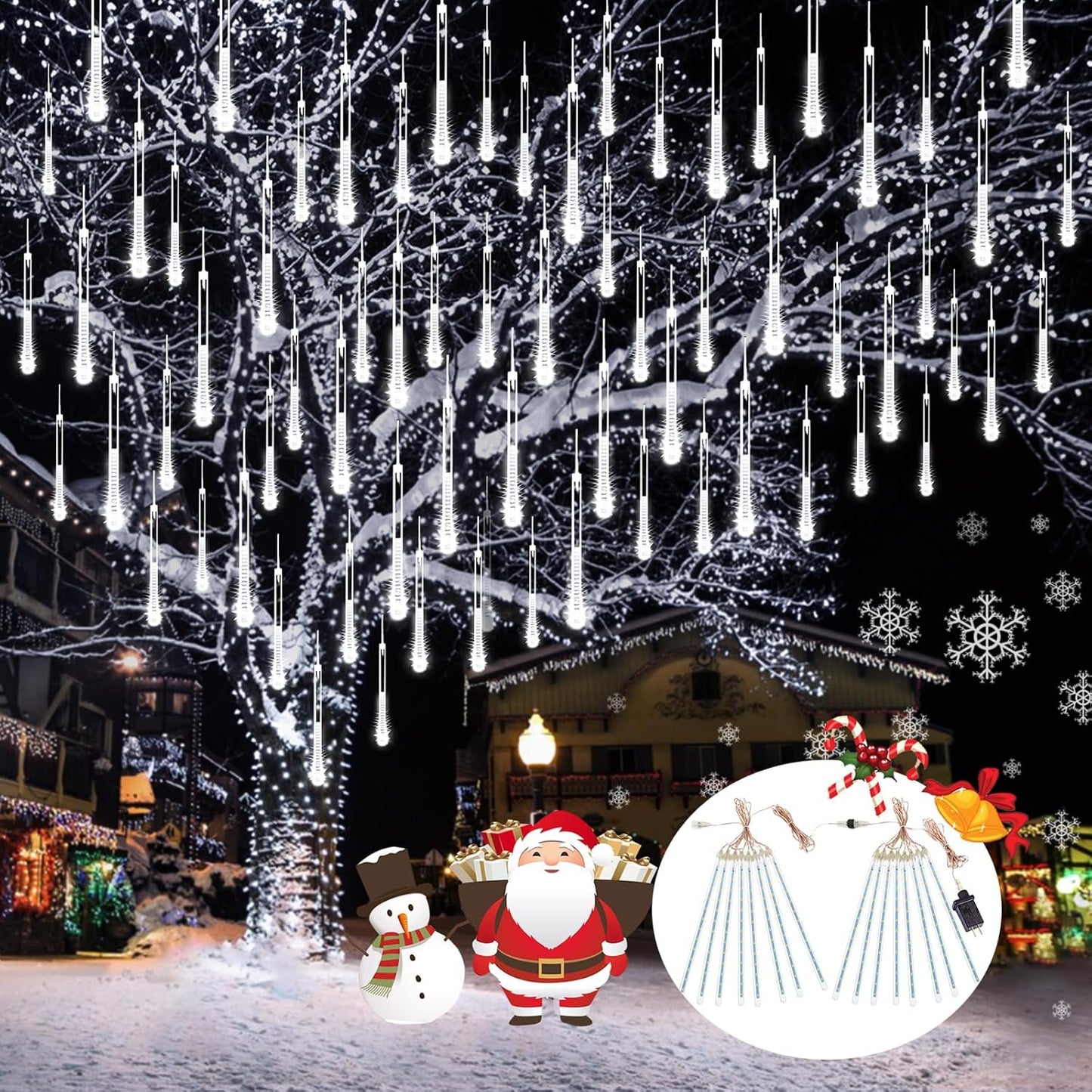 Skiennix Meteor Shower Lights - 2 Pack Outdoor Christmas Decorations with Timer | 384 LED, 30cm Tubes, Cool White