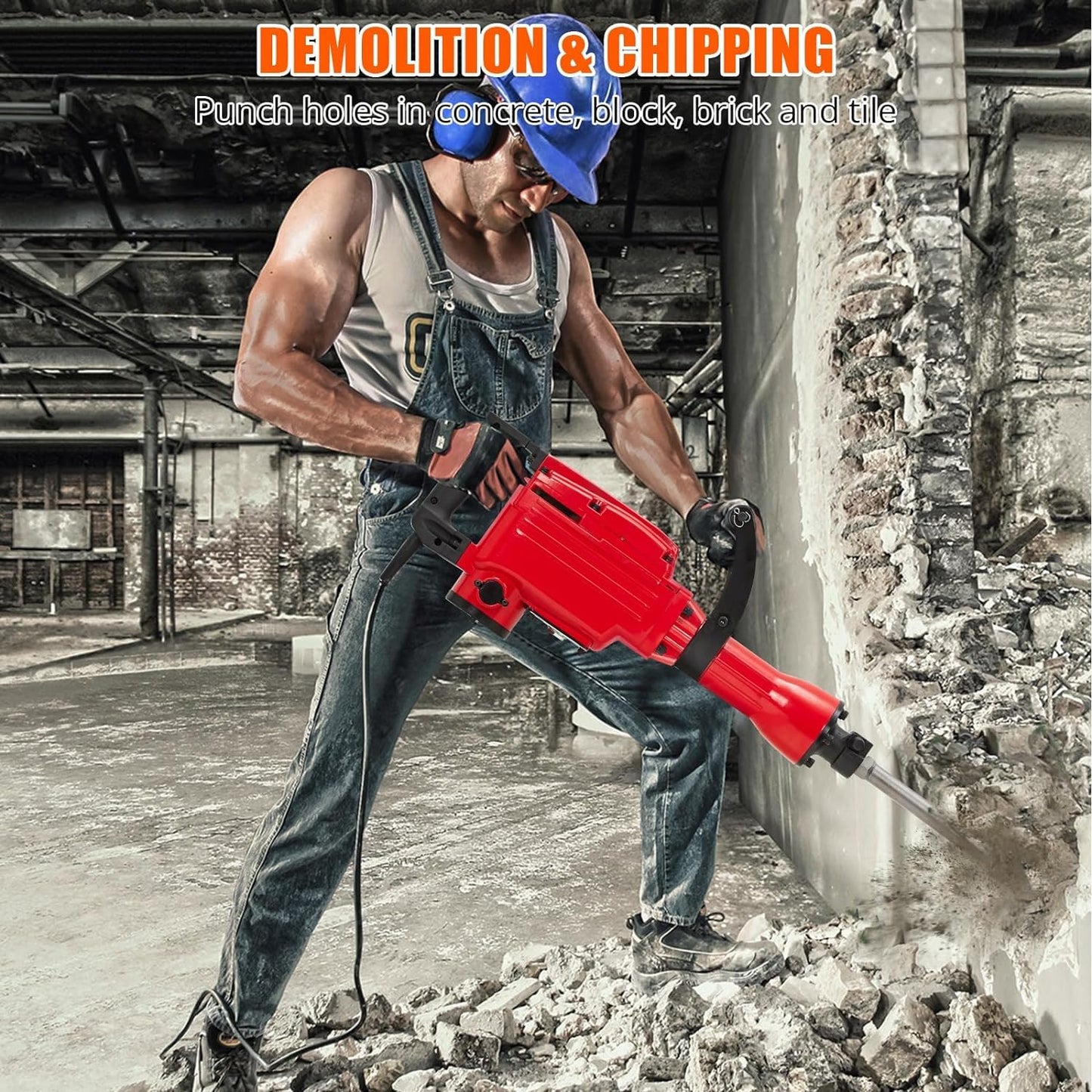 Demolition Jack Hammer 2200W 4PCS Chisels Bit Set W/Case, Demolition Jack Hammer Tool Kit, Noise-Canceling Earplug, Shoulder Strap
