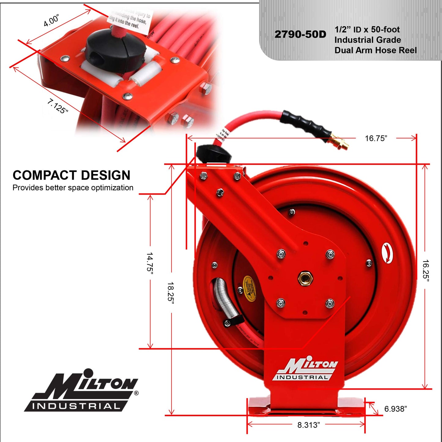 MILTON Industrial Hose Reel 2790-50D, Auto Retractable, Chemical Resistant, Prevent Cracking, Flexible in Extreme Conditions,1/2” Hose ID, 50 Foot Rubber Hose, 300 PSI Max Pressure,1/2" Male NPT, Red