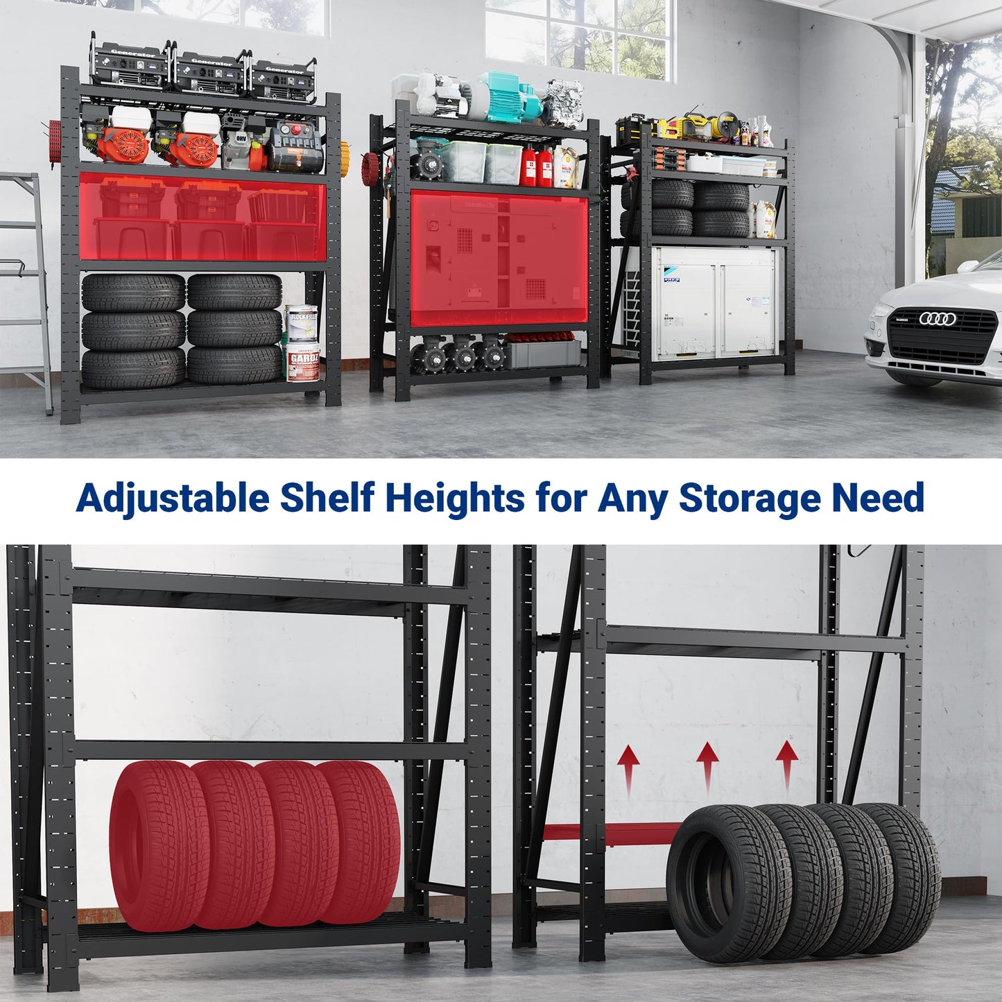 FLEXIMOUNTS Garage Shelving Heavy Duty, 49.6" W 4-Tier 10000LBS Industrial Shelving Unit with 4 Hooks, Adjustable Storage Shelves for Garage, Basement, Warehouse, 71" H x 49.6" W x 23.6" D