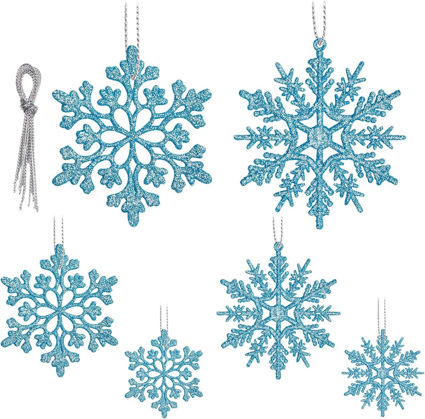 Skiennix 36-Pack Blue Snowflake Ornaments - Glittery Plastic Decorations for Indoor Winter Wonderland