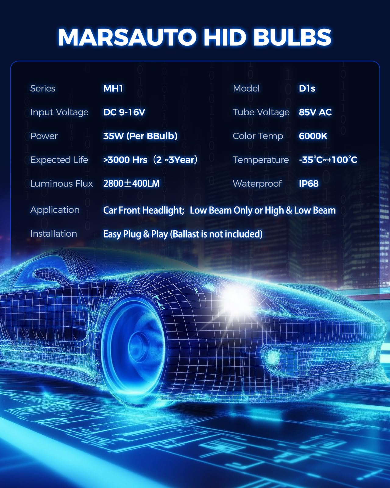 Marsauto D1S HID Bulbs 35W 6000K Cold White Xenon, MH1 Series, Pack of 2