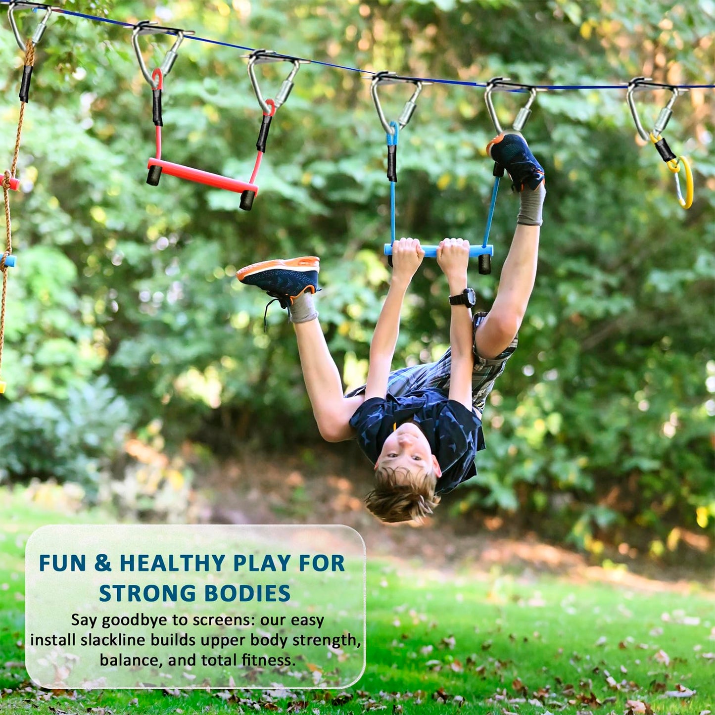 Ninja Warrior Obstacle Course for Kids - 2*56FT Slackline Kit with 8 Obstacles | Upgraded Quick-Install Buckles (No Threading Needed), 900lbs Max Load Backyard Training Gear