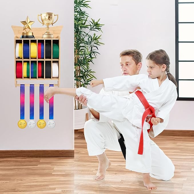 GENMOUS Karate 12 Belts Display Rack for Kids and Adults, Any Trophy and Medal Organizer, Wall Mounted Taekwondo or Martial Arts Belts Storage, Ideal Achievement Showcase for Home Dojo Decoration