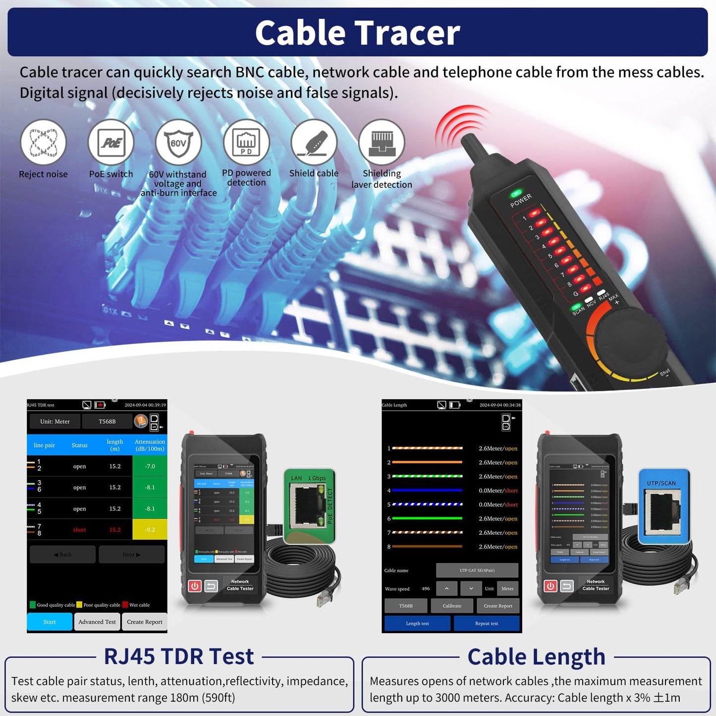 Multifunction RJ45 Network Caber Tester, 4" IPS Touch Screen UTP Cable Tester,Rechargeable Ethernet Cable Tracer,Support Network Tools, POE++ Detect,Cable Length Meter,RJ45 TDR Test,NCV,FTP (LT-600S)