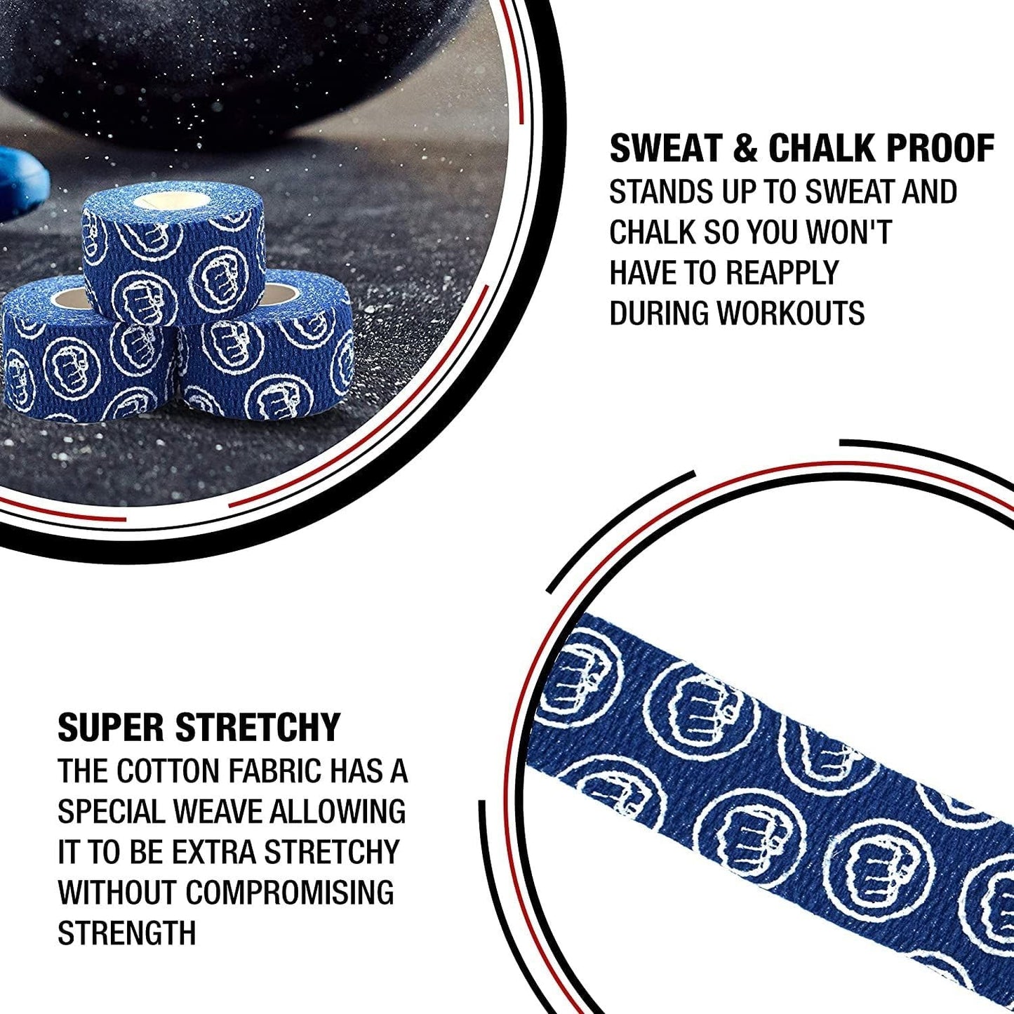 WOD Nation Weightlifting Hook Grip Athletic Tape - Sweat-Proof Thumb Tape - Anti-Blister Weightlifting Grips - Moldable Stretch Gym Wrap - Pack of 3 Rolls, 23 ft Each, Blue
