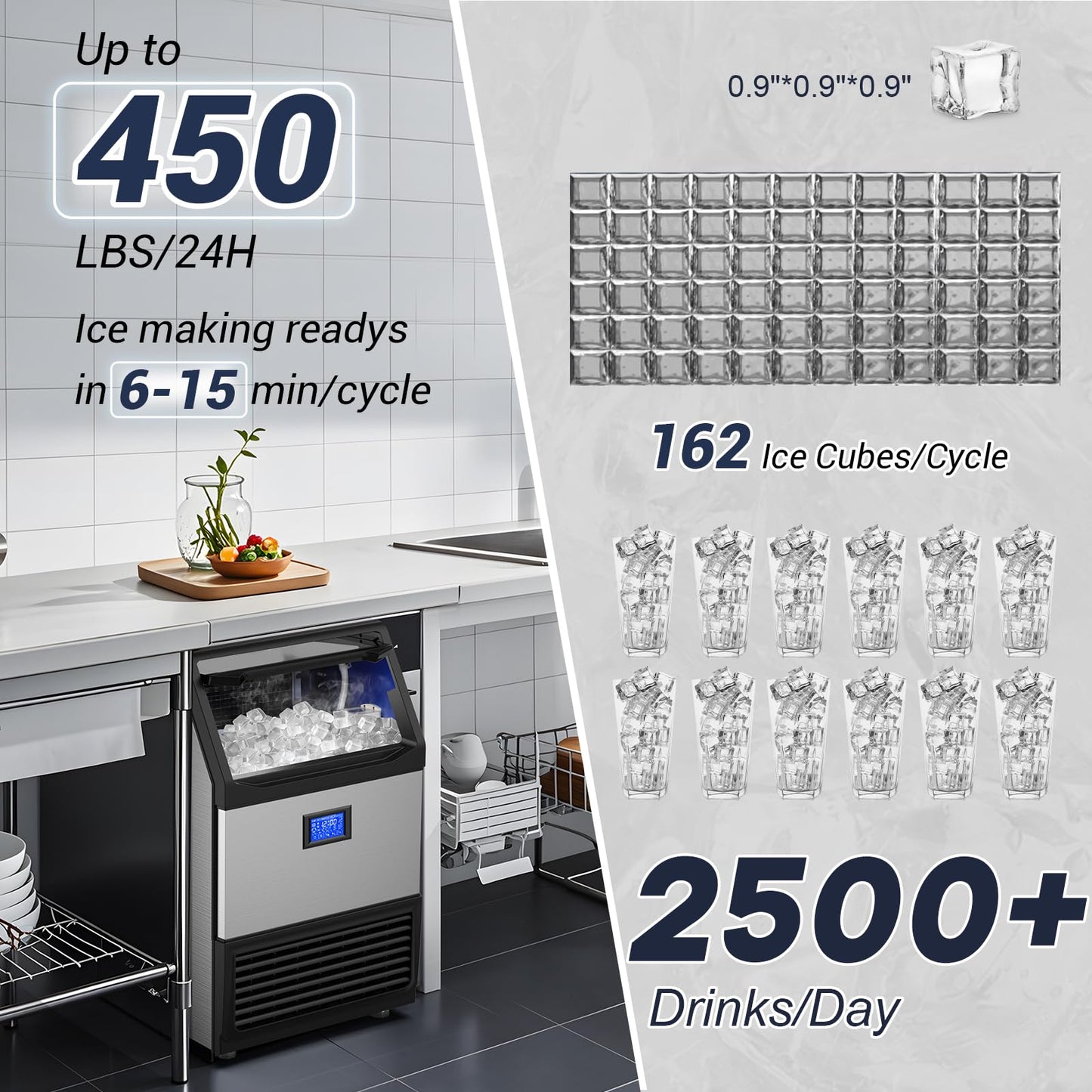 SOZT® Commercial Ice Maker Machine 450LBS/24H, Stainless Steel Under Counter Ice Machine with 200LBS Storage Bin, Self-Cleaning Freestanding Ice Cube Maker for Restaurant, Bar, Home, Office