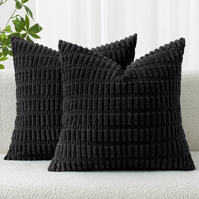 MIULEE Pack of 2 Corduroy Decorative Throw Pillow Covers 16x16 Inch Soft Boho Striped Pillow Covers Modern Farmhouse Home Decor for Halloween Sofa Living Room Couch Bed Black