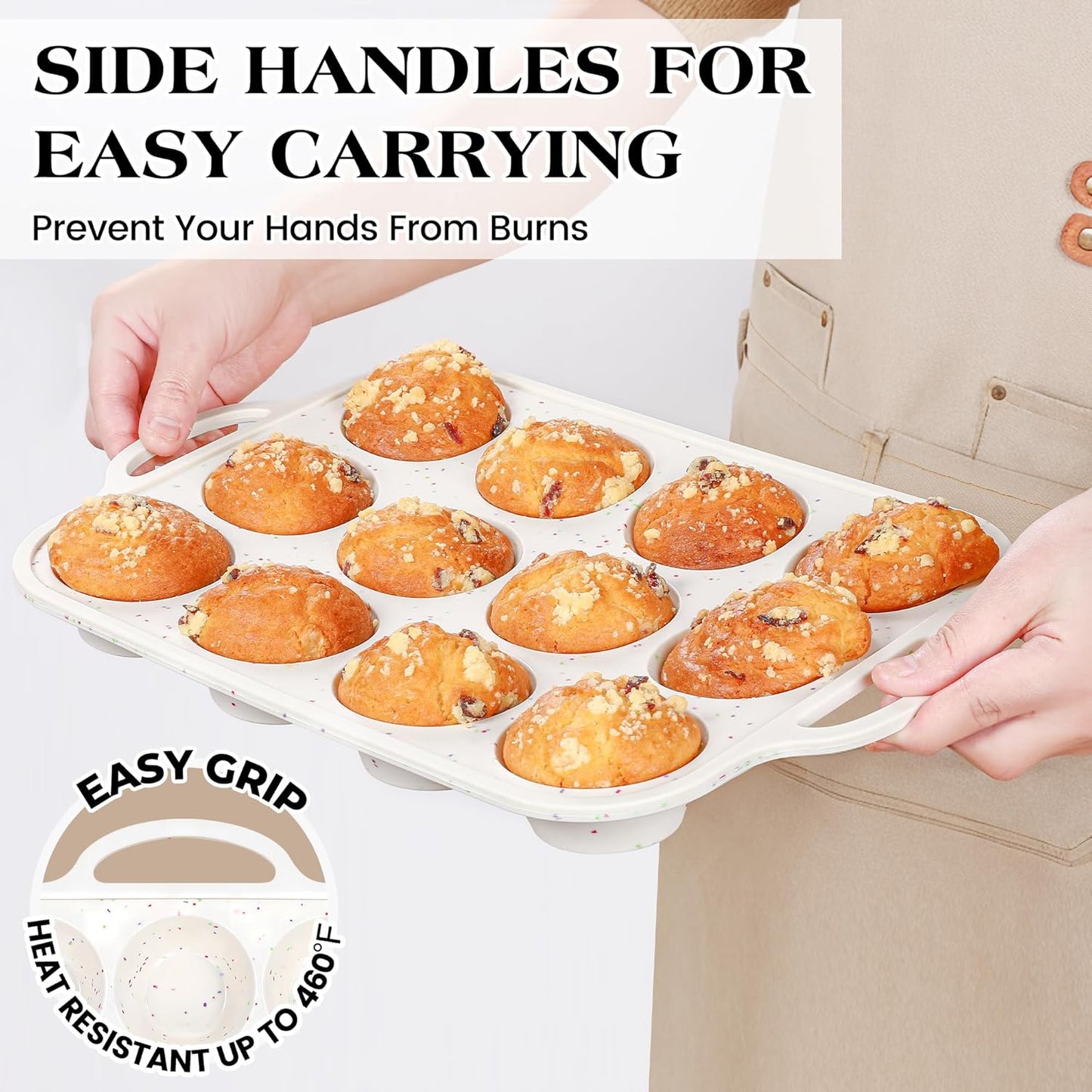 Skiennix Nonstick Cupcake Pan Set - 12 Cup & 24 Mini Muffin Molds | BPA-Free Silicone, Cream Color (2 Pcs)