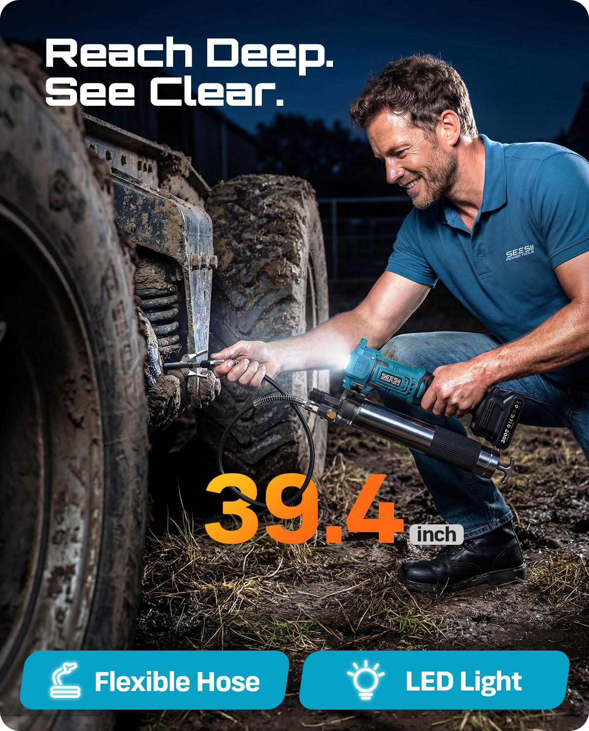 Seesii Electric Cordless Battery Grease Gun -10000 PSI with Quick-Release Coupler, 6.4 oz/min, 39.4" Flex Hose & 2 Batteries, Grease Guns for Truck, Car, Tractor,2026 Upgraded