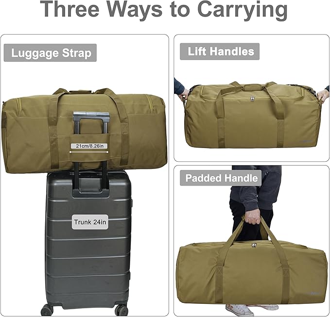 Large Duffle Bag 100L, Travel Duffel Bag for Men, Water & Tear Resistant Travel Bag, Extra Large Moving Bags Women Weekender Bag Overnight for Sports Travel Essentials, Camping Gear Storage (Khaki)