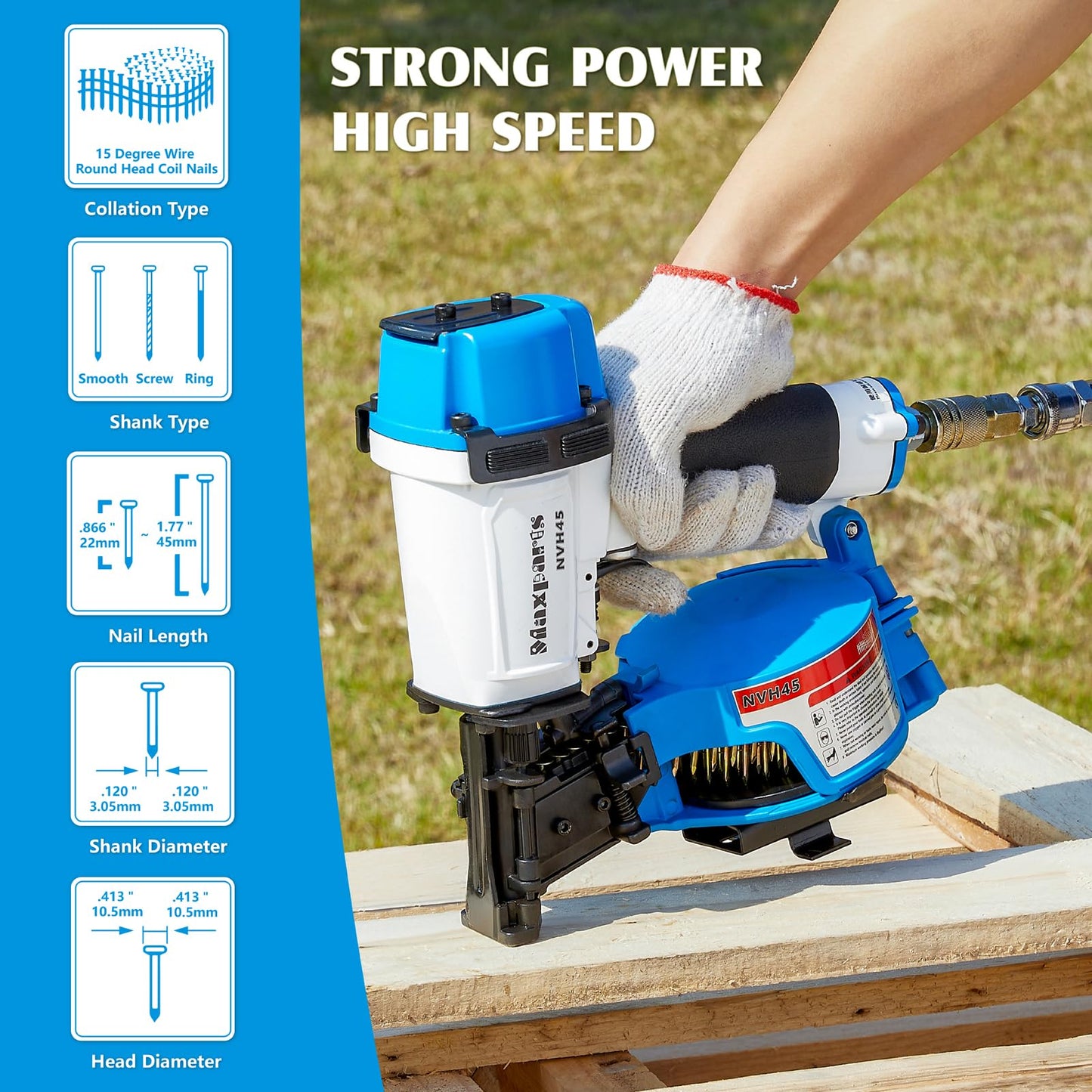 Maxparts Roofing Nail Gun NVH45 15 Degree Pistola De Roofing 7/8-Inch to 1-3/4-Inch Round Head Coil Nails for Wooden House Roof Building Light Blue Color