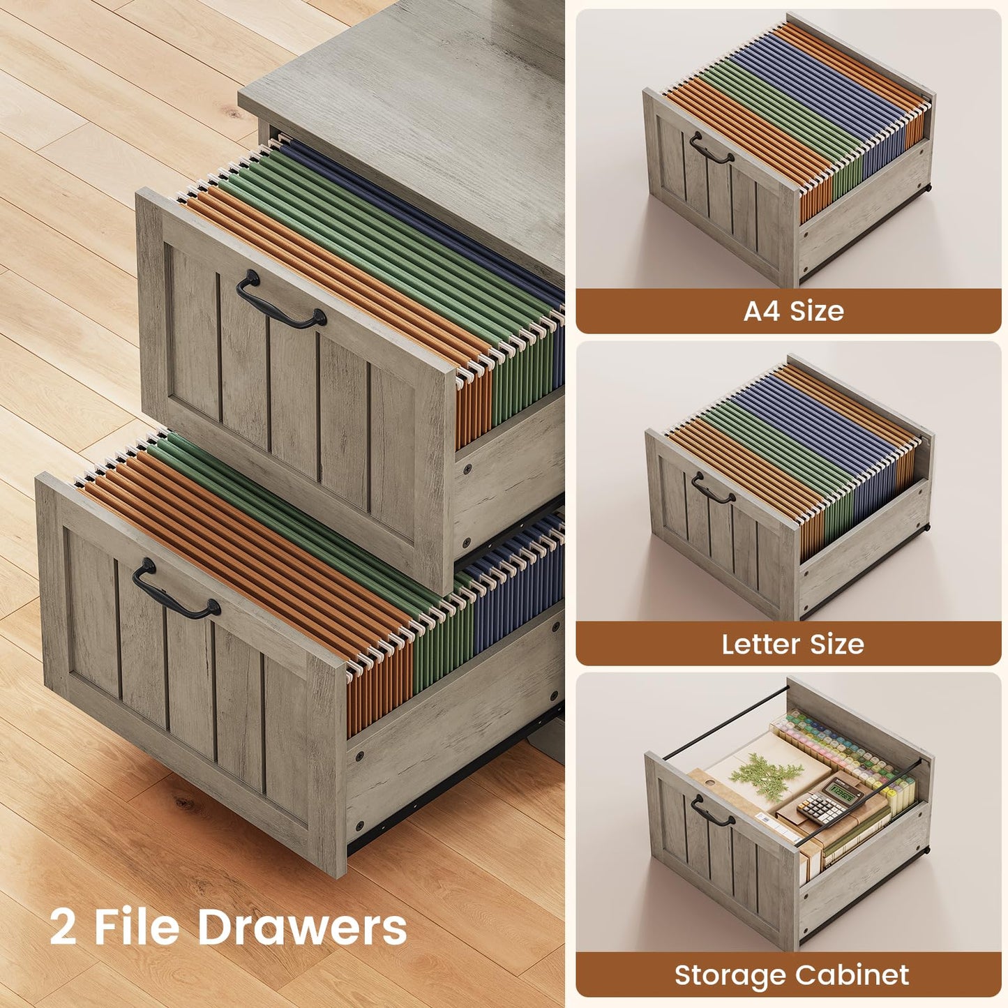 SEDETA 63" L Shaped Desk with Drawers, Farmhouse Corner Computer Desk, Wood Office Desk with File Drawers with Storage, Executive Desk with Monitor Stand and Storage Cabinet, Grey