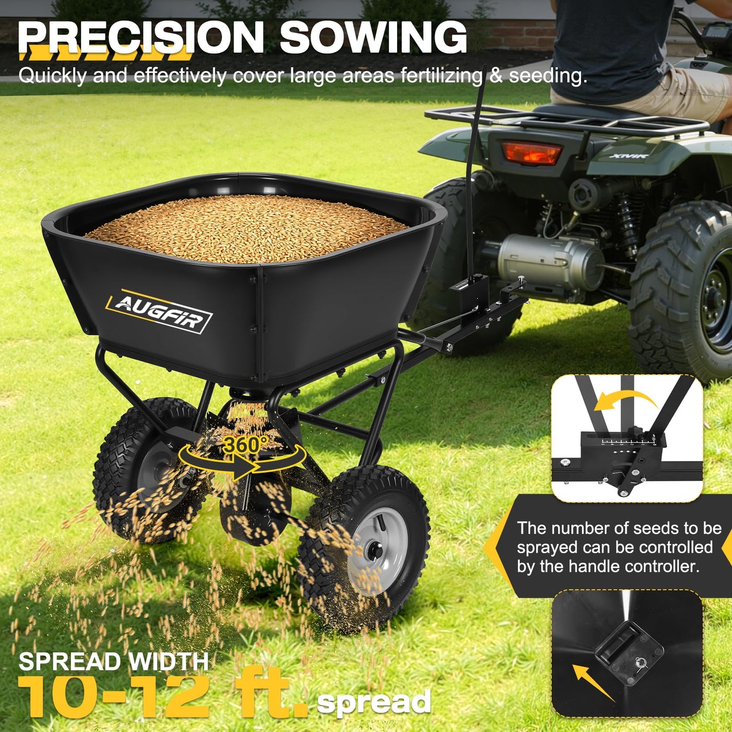 AugFir Tow Behind Broadcast Spreader, 130 LBS Capacity Lawn Fertilizer Spreader for Riding Mower, ATV, UTV & Tractor, 12 FT Spread Width Pull Behind Spreader Seeder for Grass Seed, Salt, Ice Melt