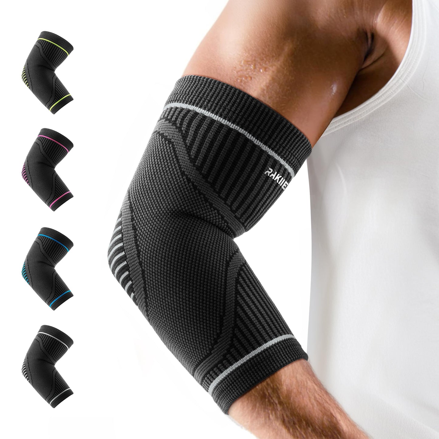 Rakiie Elbow Compression Sleeve 2 Pack, High Elastic Elbow Brace for Tendonitis and Tennis Elbow for Women & Men, Elbow Sleeve for Tennis, Golfer, Badminton, Weightlifting, Grey M