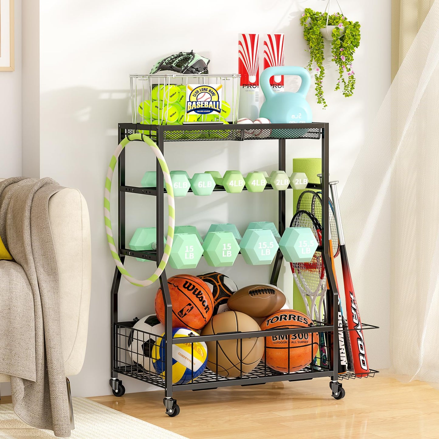 ThreeHio Home Gym Storage Rack, Dumbbell Rack with Yoga Mat Storage, Weight Rack Stand with Lockable Wheels and Hooks, Home Workout Equipment Organizer for Yoga Mate, Dumbbell, Kettlebells, Ball Storage