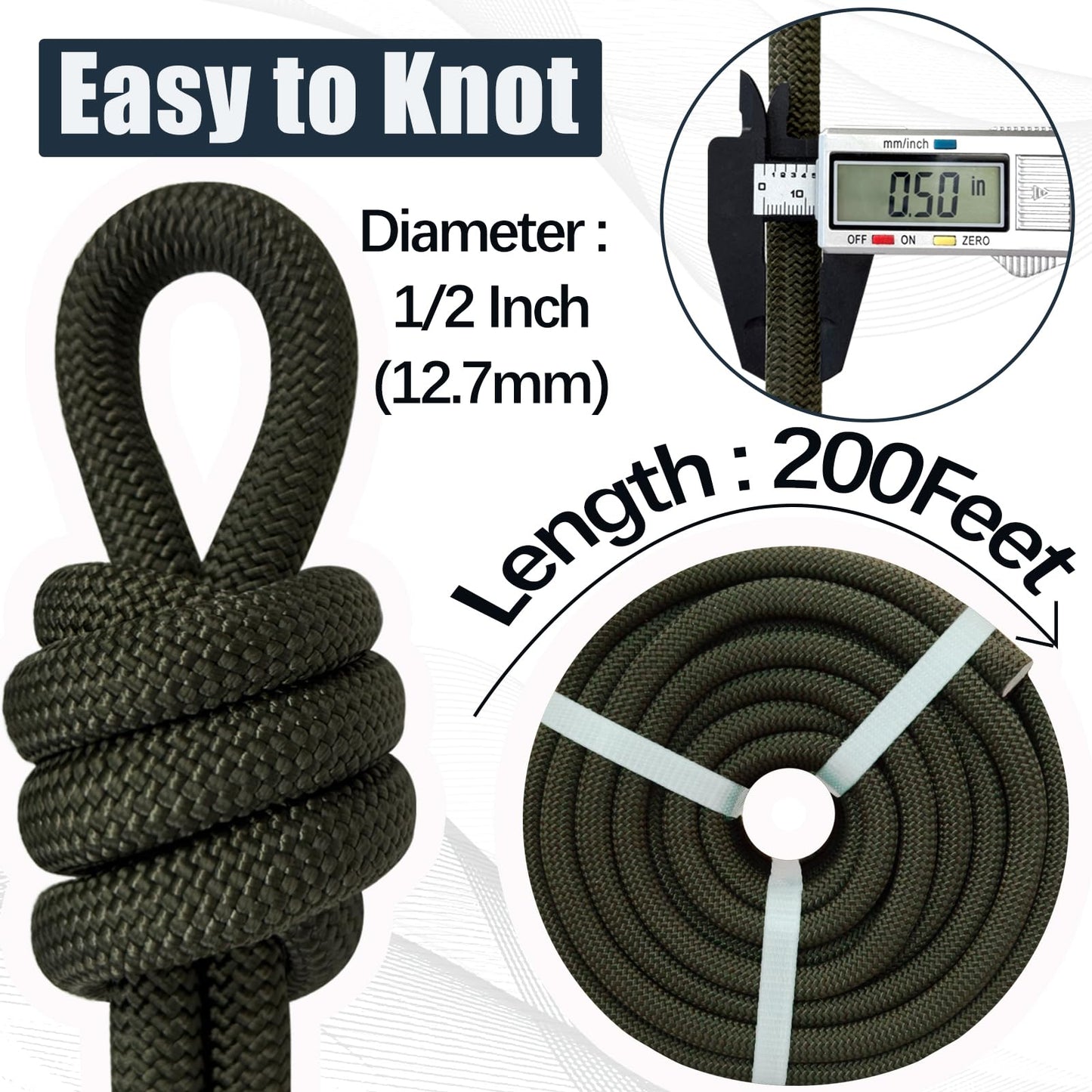 1/2 Inch Arborist Rigging Rope - 200 Feet Thick Bull Rope for Tree Pulling, Outdoor Climbing Use - High Strength Double Braided Polyester - ArmyGreen