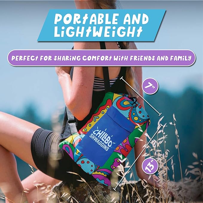 Chillbo Shwaggins Inflatable Couch – No-Pump Setup, Ripstop Polyester, Stability Pegs, Fun Prints, Portable Air Lounger for Beach, Camping, Festivals, and Tailgating - 60s Pyschedelic