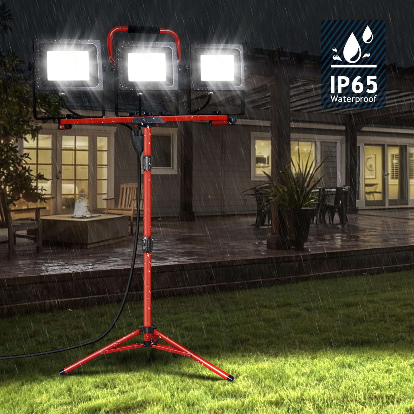 Juyace 2-Pack 150W LED Work Light with Tripod Stand, 15000LM Dual Head Flood Light, IP65 Waterproof Portable Job Site Lamp, 5000K with Independent Switches for Garage, Workshop, Construction, Camping