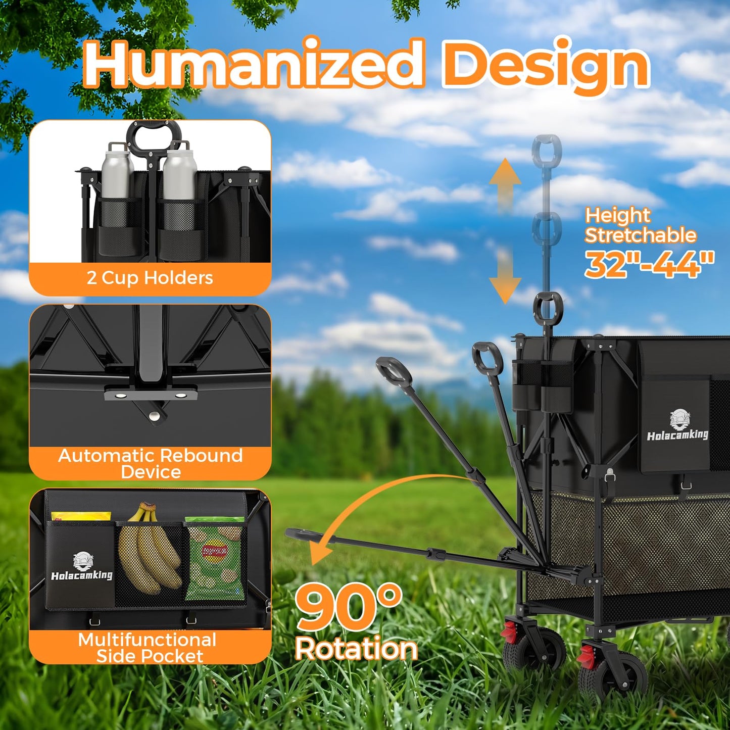 Holacamking 480L Double Decker Wagon, 58" L Extended Foldable Utility Cart with Tailgate, Big All-Terrain Wheels with Brakes, 520lbs Heavy Duty Collapsible Wagon for Camping Beach Sports Grocery Pets