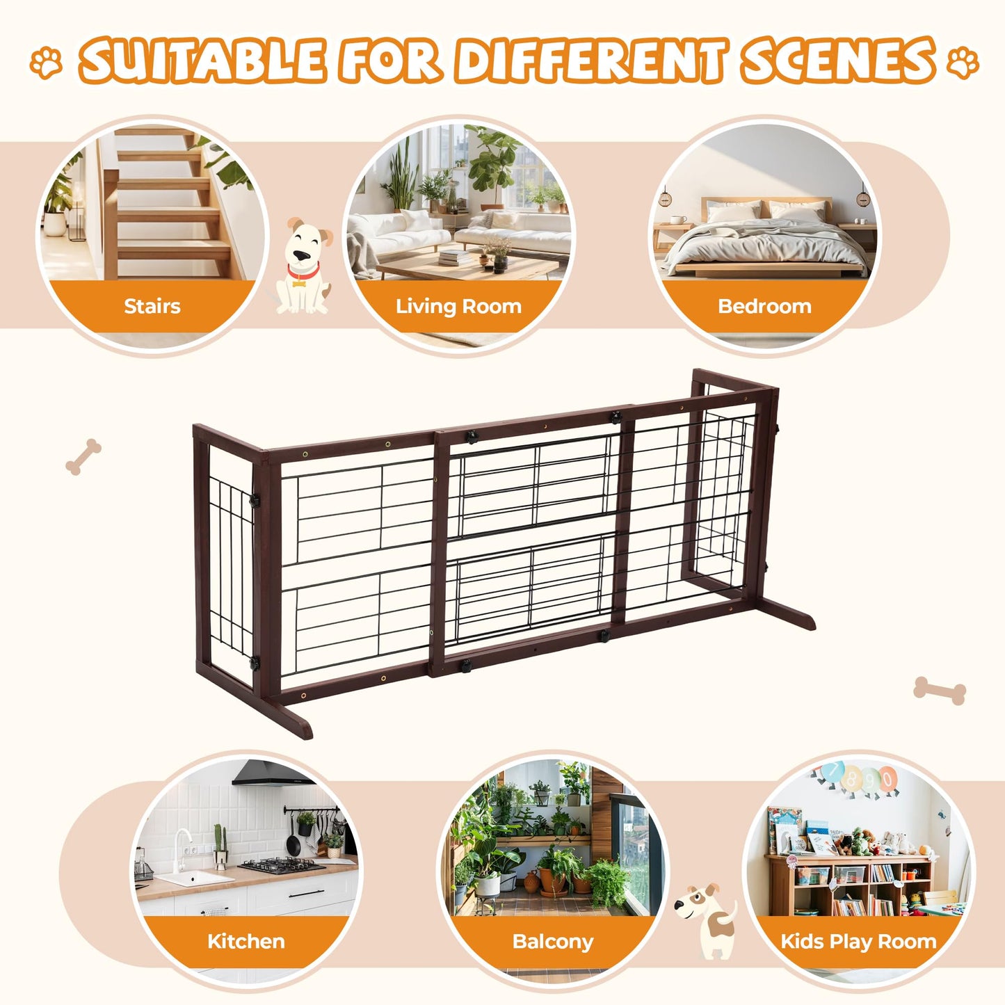 COZIWOW 38-67" Dog Gate Indoor, Free Standing Pet Gate for Doorways Extra Wide, Wooden Fence Puppy Safety Gates for The House, Stairs, Hallway, No Drilling Required,Brown