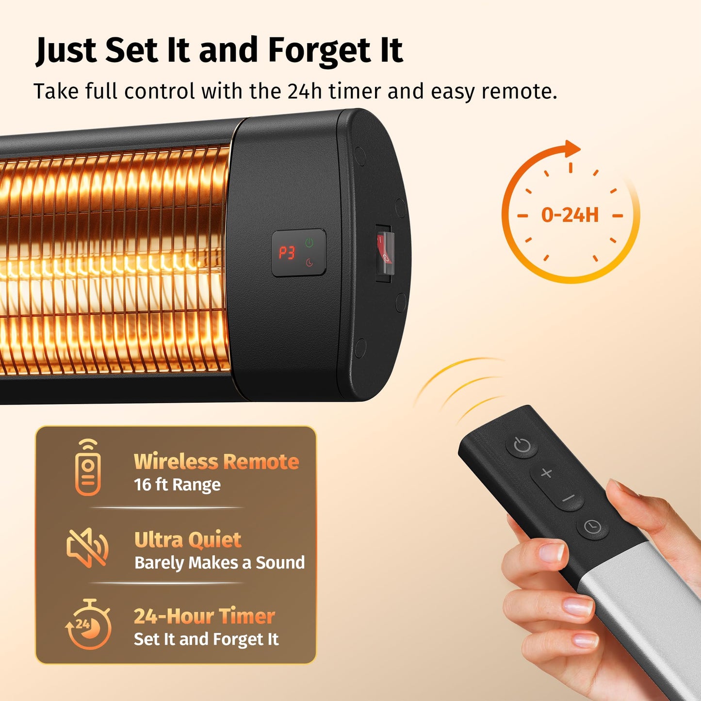 EAST OAK Electric Patio Heater | 1500W Wall Mounted Infrared Heater for Outdoor, Garage, Backyard, Restaurant | 24H Timer, IP65 Waterproof | 3 Heat Levels & Overheating Protection | Black