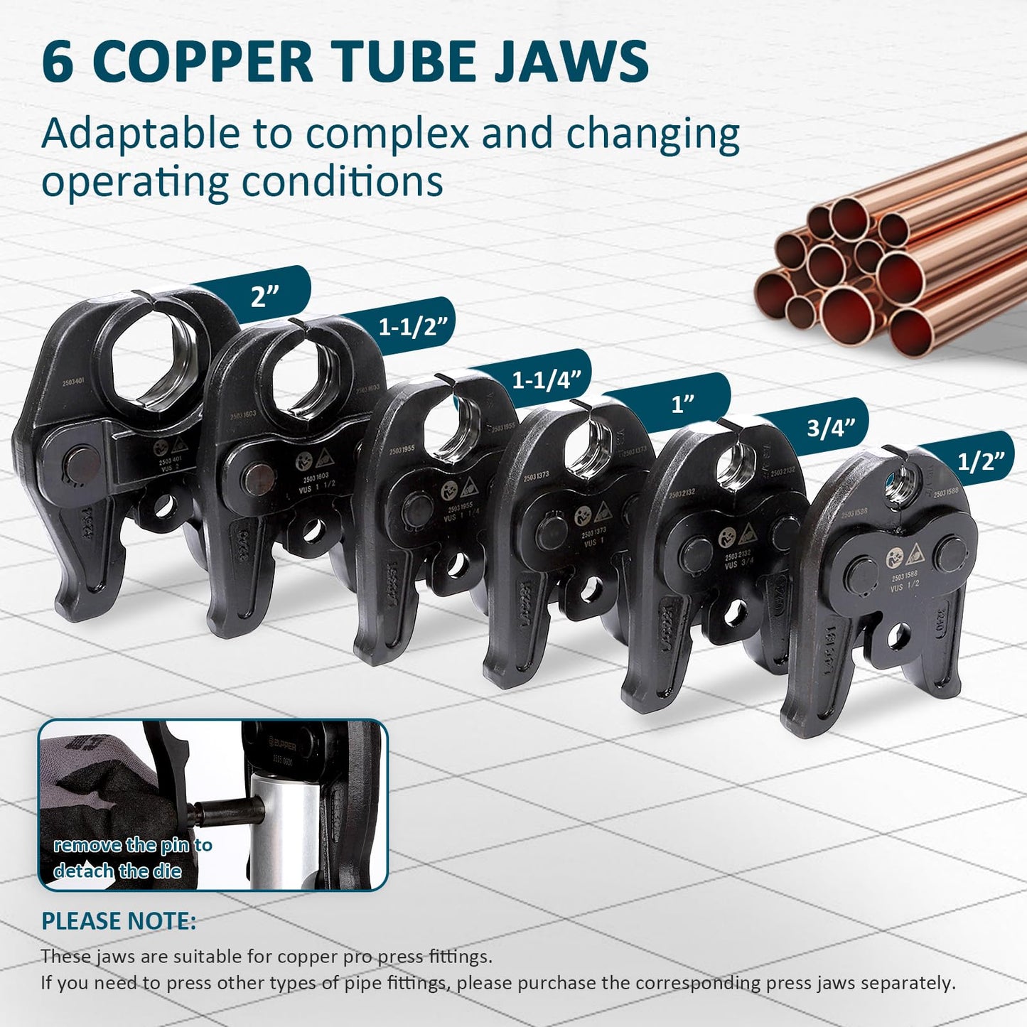 ZUPPER Standard Press Tool,18V Electric Crimping Tool for Copper Pipe with 6 Press Jaws 1/2” to 2” Compatible with Propress Fittings Hydraulically Pressing Tool Set with 2pcs 4Ah Battery